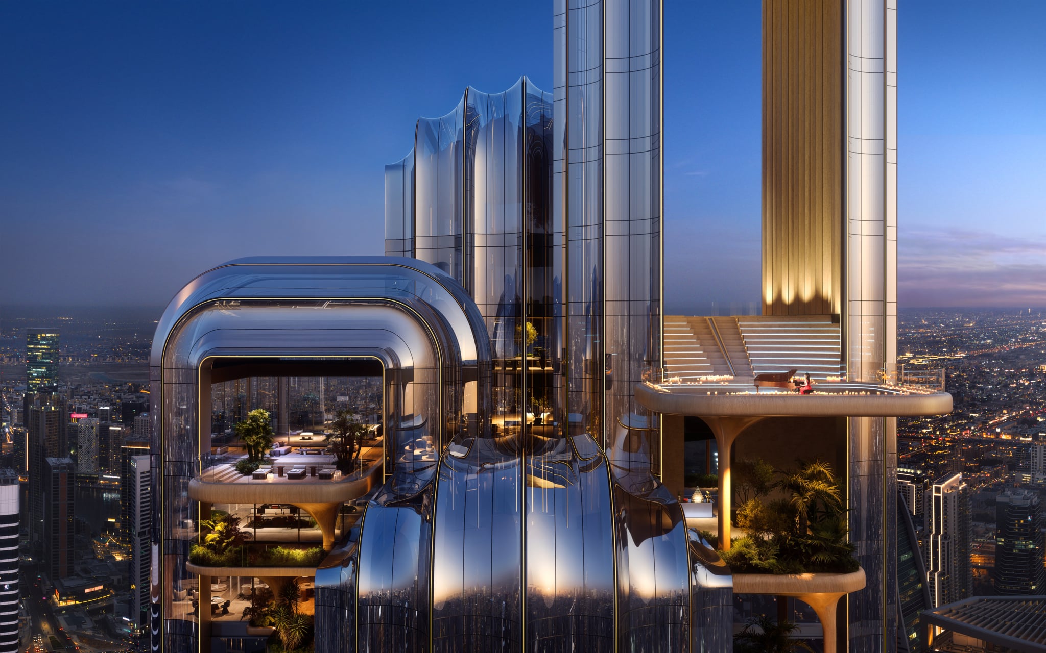 Architectural rendering of Omniyat Lumena, a futuristic ultra-luxury tower in Al Sufouh, Dubai, featuring sky gardens, infinity pool, and panoramic views of the Burj Khalifa and city skyline at dusk.