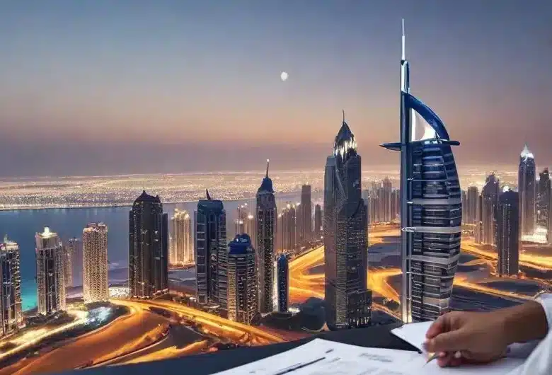 Man reviewing documents with a panoramic night view of Dubai Marina, representing access to mortgage financing and home loans for foreigners in Dubai in 2025.