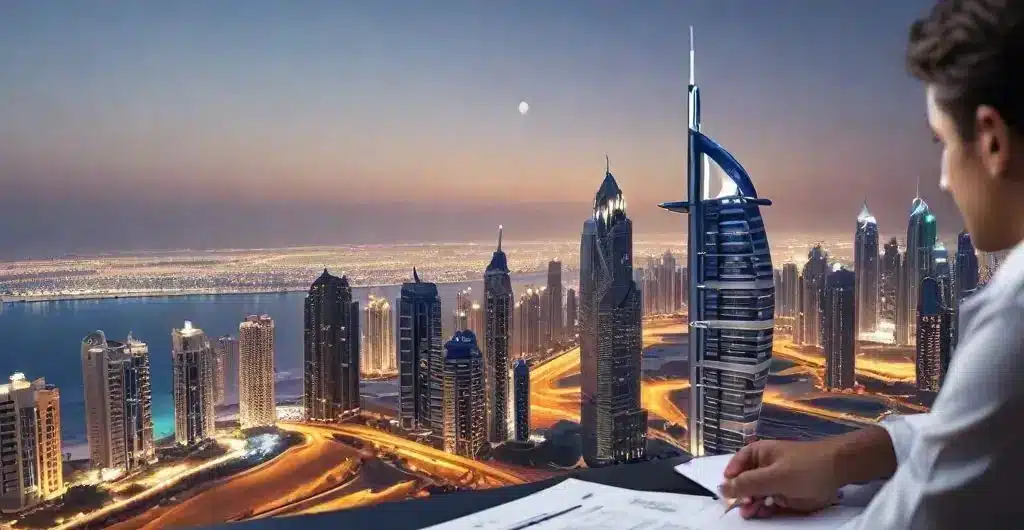 Man reviewing documents with a panoramic night view of Dubai Marina, representing access to mortgage financing and home loans for foreigners in Dubai in 2025. رجل يراجع مستندات مع إطلالة ليلية بانورامية على دبي مارينا، ترمز إلى سهولة الحصول على التمويل العقاري والقروض السكنية للأجانب في دبي لعام 2025.