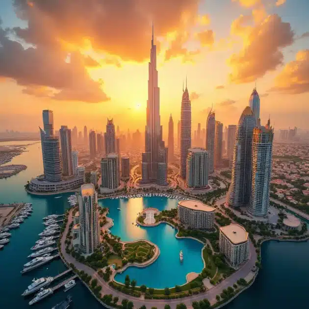 Stunning aerial view of Dubai skyline at golden sunset, featuring Burj Khalifa, luxury yachts in marina, modern high-rises, and serene lake – perfect for expat lifestyle guide in 2025 نظر جوي مذهل لآفق دبي عند غروب الشمس الذهبي، يضم برج خليفة، اليخوت الفاخرة في المارينا، الأبراج الحديثة، والبحيرة الهادئة - مثالي لدليل أسلوب حياة المغتربين في 2025.